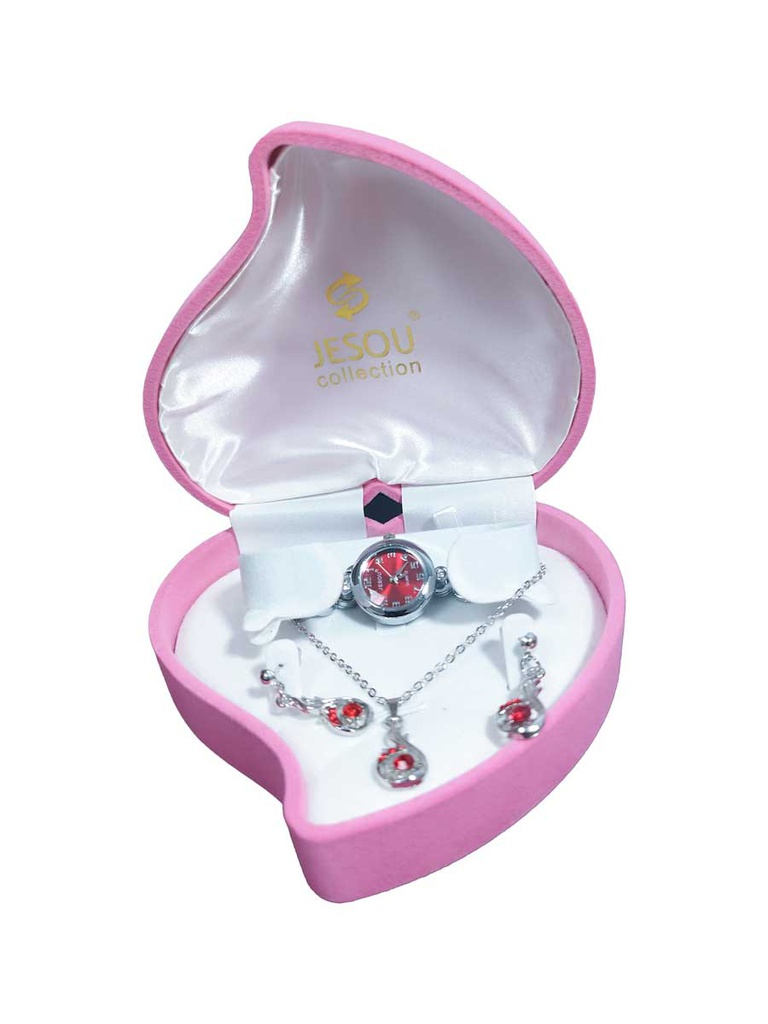Joyero en forma de corazon 1 par de pendientes, 1 collar y 1 reloj  Jesou
