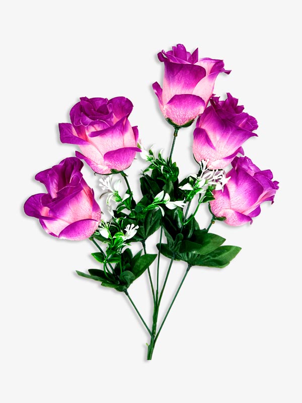 Ramo de 5 rosas con adornos blancos,  largo 50 cm, corola 10 cm