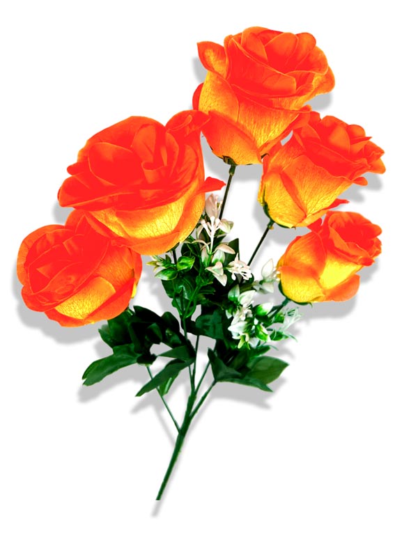 Ramo de 5 rosas con adornos blancos,  largo 50 cm, corola 10 cm