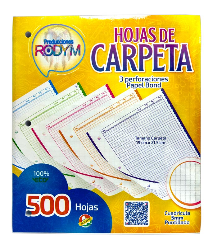 Hojas de carpeta cuadro 5mm de 3 perforaciones de 5 colores RODYM 500hjs