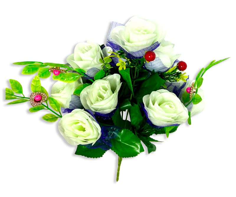 Flor - ramo de 10 rosas adornos de perlas y frutas, largo 40 cm, corola 6 cm