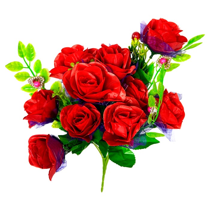Flor - ramo de 10 rosas adornos de perlas y frutas , largo 40 cm, corola 6 cm