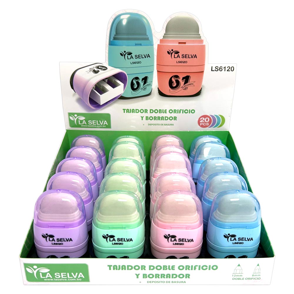 Tajador doble(8mm y 12mm) + borrador y deposito La Selva de 20pcs