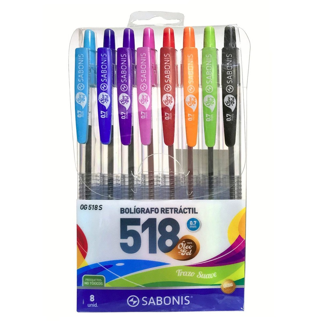 Boligrafo retractil trazo suave 0.7mm colores surtido OG518 Sabonis 8 colores