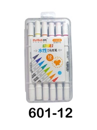 [ZX-601-12] Marcadores a base de agua doble punta biselado y redondo 4/1.2mm Zuixua estuche rigido de 12 colores