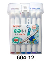 [ZX-602-24] Marcadores a base de agua doble punta biselado y redondo 5/1.5mm Zuixua frasco rigido de 24 colores