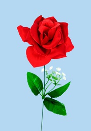 [FI4410] Flor - rosa individual rojo con adornos blancos aterciopelado, largo 44 cm, corola 10 cm